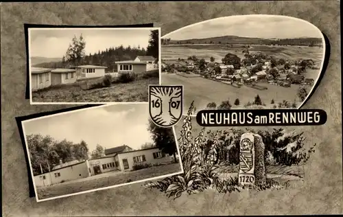 Ak Neuhaus am Rennweg Thüringen, Bungalows, Totale vom Ort, Wappen, Stein