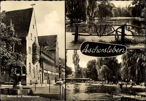 Ak Aschersleben im Salzlandkreis, Rathaus mit Hennebrunnen, Gondelteich, Freibad unter der Burg