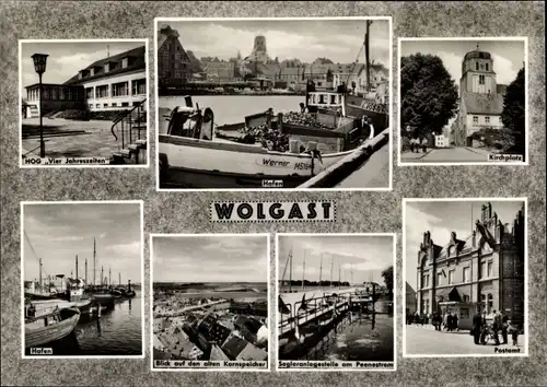 Ak Wolgast in Mecklenburg Vorpommern, Am Hafen, Postamt, HOG Vier Jahreszeiten, Kirchplatz