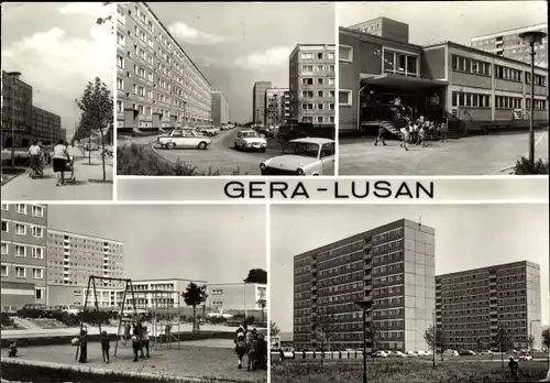 Ak Lusan Gera in Thüringen, Hochhäusersiedlung, Spielplatz, Straßenpartie