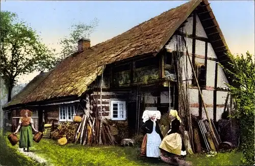 Ak Burg im Spreewald, Spreewaldbilder, Bauernhaus, Spreewälderinnen