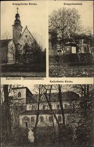 Ak Bechtheim in Rheinhessen, Evang. Kirche, Kriegerdenkmal, Kath. Kirche