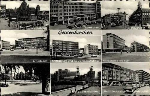 Ak Gelsenkirchen im Ruhrgebiet, Stadtgarten, Sparkasse, Hauptpost, Hauptbahnhof, Arbeitsamt