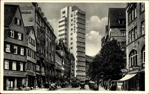 Ak Stuttgart in Württemberg, Tagblatt Turmhaus, Cigarren Haberkorn, Straßenbahn