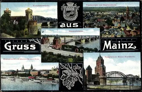 Ak Mainz am Rhein, Eisenbahnbrücke, Totalansicht vom Stefansturm, Stadthalle, Dom