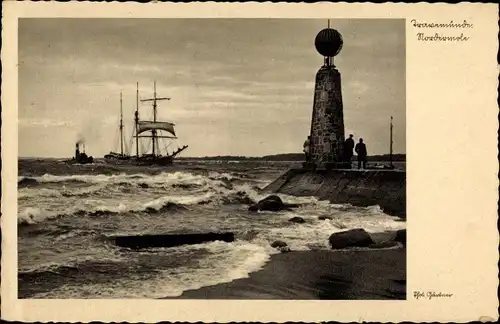 Ak Travemünde Lübeck Schleswig Holstein, Nordermole, Wellengang, Signalturm, Dreimaster, Dampfer