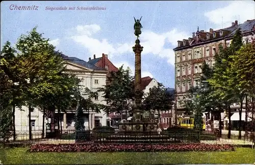 Ak Chemnitz in Sachsen, Siegessäule mit Schauspielhaus