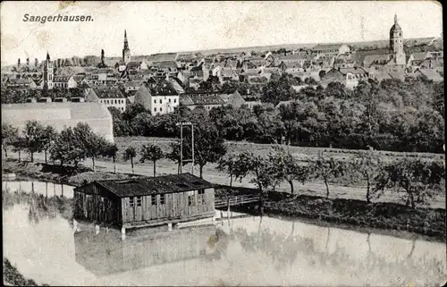 Ak Sangerhausen am Südharz, Fluss, Panorama, Holzhütte