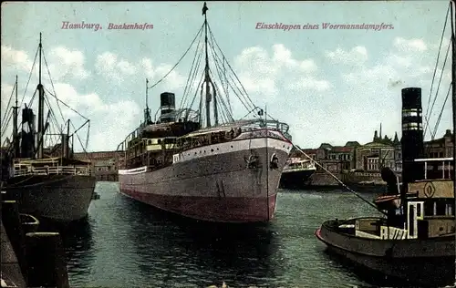Ak Hamburg, Im Baakenhafen, Einschleppen eines Woermanndampfers