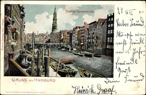 Ak Hamburg Mitte Altstadt, Fleet mit Reimersbrücke, Boote