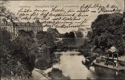 Ak Hamburg, Stadtgraben mit Civil Justizgebäude, Brücke, Alster