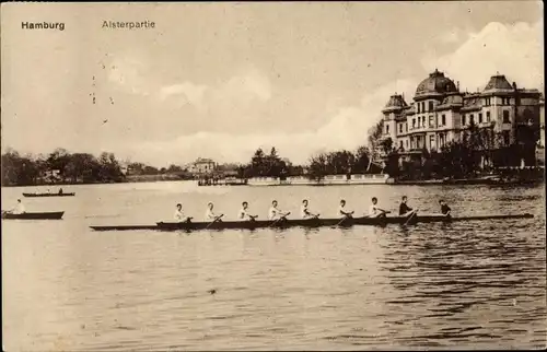 Ak Hamburg Mitte Altstadt, Alsterpartie mit Ruderbooten, Gebäude