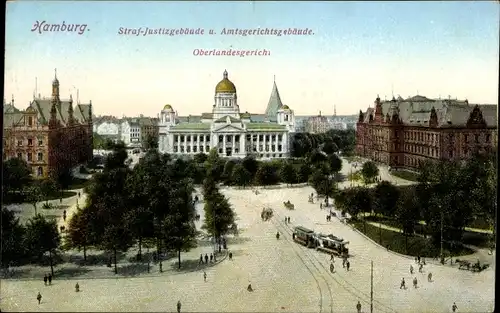 Ak Hamburg Mitte Neustadt, Straf- Justizgebäude und Amtsgericht, Oberlandesgericht, Straßenbahn