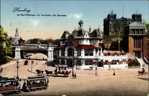 Ak Hamburg St Pauli, Fährhaus mit Hochbahn und Seewarte, Tram