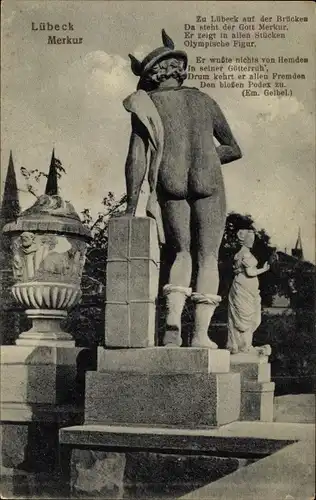 Ak Hansestadt Lübeck, Merkur, Statue, Nackter Hintern, Gepäck, Gedicht