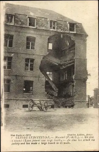 Ak Marœuil Pas de Calais, Usine, Gebäude getroffen von einer Luftmine, Kriegszerstörung, 1. WK