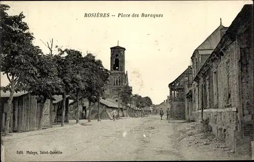 Ak Rosières en Santerre Somme, Place des Baraques, Baracken, Kirche