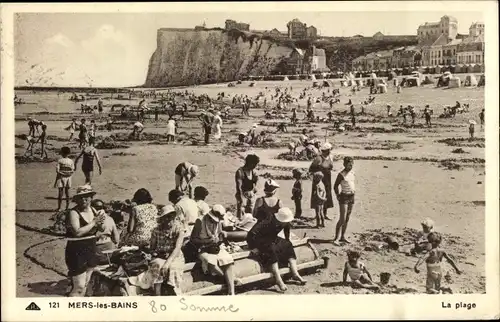 Ak Mers les Bains Somme, La plage, Strandszene, Klippen