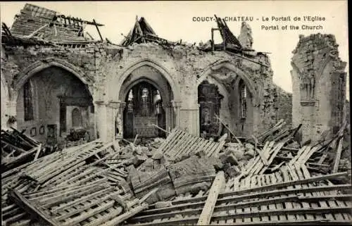 Ak Coucy le Chateau Aisne, Portail de l'Eglise, Kirchenportal, zerstörte Kirche