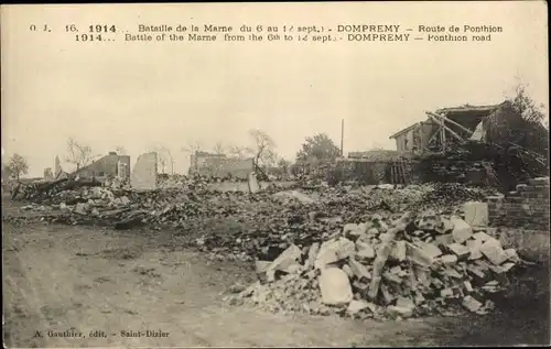 Ak Dompremy Marne, Route de Ponthion 1914, zerstörte Häuser