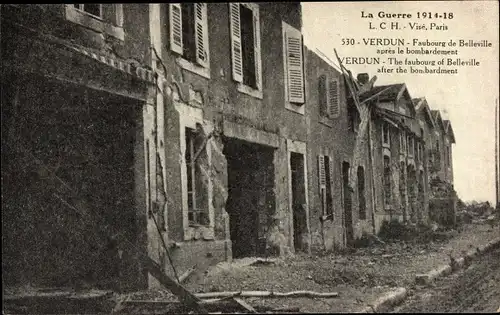 Ak Verdun Meuse, The faubourg of Belleville after the bombardment