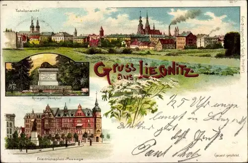 Litho Legnica Liegnitz Schlesien, Gesamtansicht, Kriegerdenkmal, Friedrichsplatz Passage, Denkmal