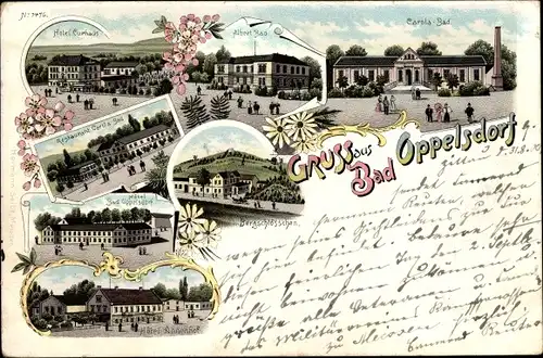 Litho Opolno Zdrój Bad Oppelsdorf Bogatynia Reichenau Schlesien, Hotel Kurhaus, Carolabad, Albertbad