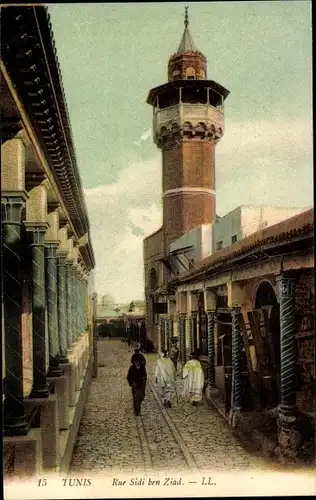 Ak Tunis Tunesien, Rue Sidi ben Ziad, Straßenansicht, Moschee, Säulengang