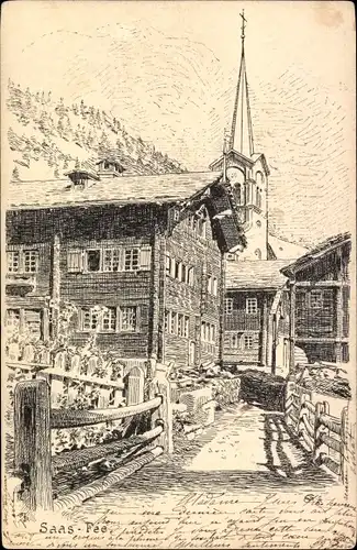 Künstler Ak Saas Saas Fee Kt. Wallis Schweiz, Kirche, Wohnhäuser