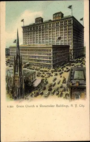 Ak New York City USA, Grace Church & Wanamaker Buildings, Kirche, Hochhäuser, Verkehr