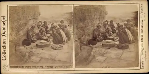 Stereo Foto Israel, Palästina, Fellachen beim Mahle, Collection Bruno Hentschel