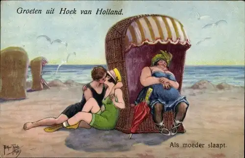 Künstler Ak Thiele, Arthur, Hoek van Holland, Als moeder slaapt, Liebespaar am Strand