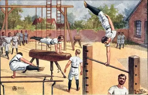 Künstler Ak Thiele, Arthur, Turnen, Turner am Barren, Reck, Pferd