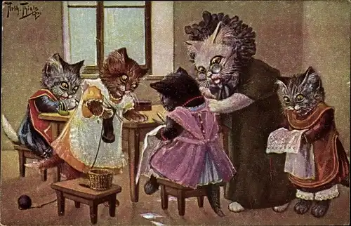 Künstler Ak Thiele, Arthur, Vermenschlichte Katzen, nähen, stricken, sticken, Großmutter