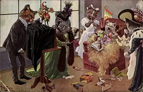 Künstler Ak Thiele, Arthur, Vermenschlichte Katzen beim Fotograf