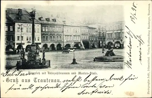 Ak Trutnov Trautenau Riesengebirge Region Königgrätz, Ringplatz, Rübezahlbrunnen, Mariensäule