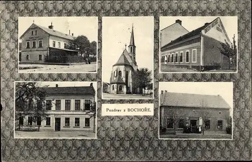 Ak Bochoř Bochorz Region Olmütz, Kirche, Gasthaus, Geschäftshaus