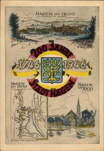 Wappen Ak Hagen in Westfalen, 200 Jahrfeier 1746-1946, Stadtansichten um 1800, 1700, 1900