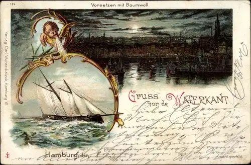 Litho Hamburg, Vorsetzen mit Baumwall, Segelschiff, Gruß von de Waterkant