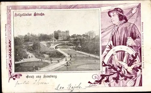 Passepartout Ak Hamburg Mitte St. Pauli, Helgoländer Straße, Seemann am Steuerrad