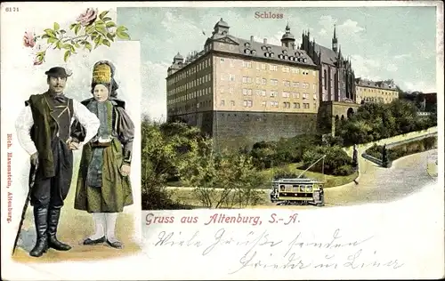 Ak Altenburg in Thüringen, Schloss, Straßenbahn, Paar in Tracht