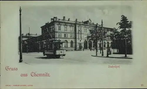 Mondschein Ak Chemnitz in Sachsen, Bahnhof, Straßenbahn