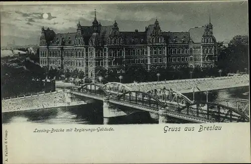 Mondschein Ak Wrocław Breslau Schlesien, Lessingbrücke, Regierungsgebäude