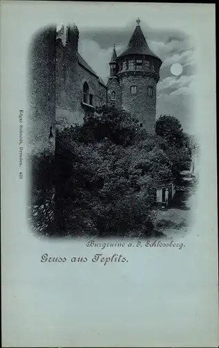 Mondschein Ak Teplice Teplitz Region Aussig, Burgruine auf dem Schlossberg