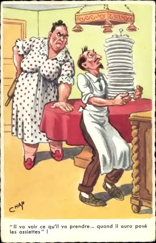 Künstler Ak Chaperon, Jean, Ehefrau mit Nudelholz, Mann mit Geschirr