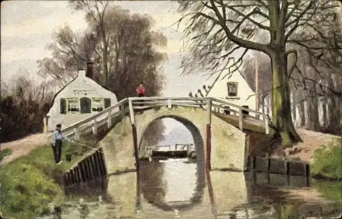 Künstler Ak Gerstenhauer, J. G., Ortsansicht, Fluss, Mann beim Angeln, Brücke