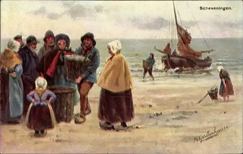 Künstler Ak Gerstenhauer, Johann Georg, Fischer bringen Fang an den Strand