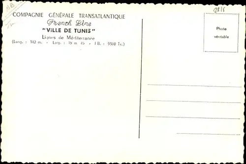 Ak Dampfer, Dampfschiff Ville de Tunis, CGT, French Line
