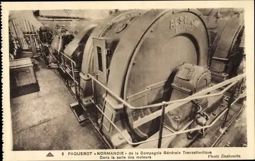 Ak Dampfer, Dampfschiff, Paquebot Normandie, Dans la salle des moteurs, CGT, French Line