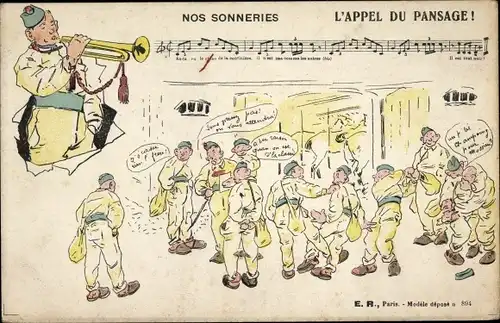 Ak Französische Soldaten, Soldatenleben, Nos Sonneries, L'Appel du Pansage